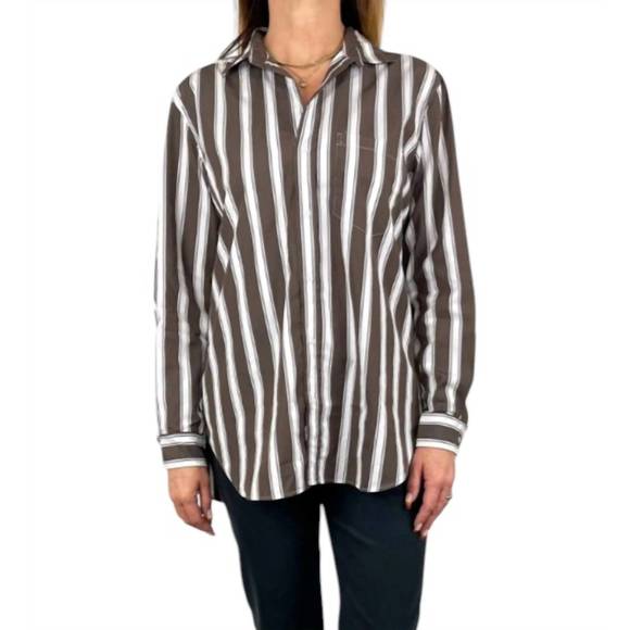NEW FRANK & EILEEN women's joedy boyfriend button up shirt in brown stripe - Picture 1 of 2